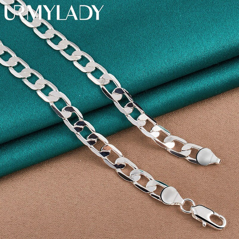 URMYLADY 925 Sterling Silver 8mm Flat Side Charm Chain 16/18/20/22/24 Inch Necklace For Women Man Wedding Party Fine Jewelry