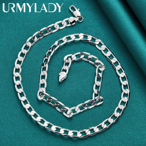 URMYLADY 925 Sterling Silver 8mm Flat Side Charm Chain 16/18/20/22/24 Inch Necklace For Women Man Wedding Party Fine Jewelry