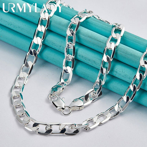 URMYLADY 925 Sterling Silver 8mm Flat Side Charm Chain 16/18/20/22/24 Inch Necklace For Women Man Wedding Party Fine Jewelry