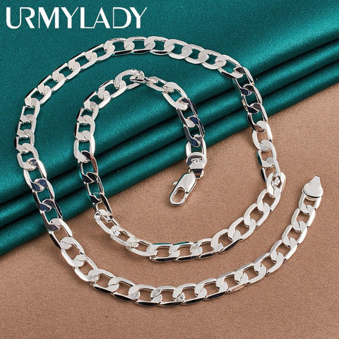 URMYLADY 925 Sterling Silver 8mm Flat Side Charm Chain 16/18/20/22/24 Inch Necklace For Women Man Wedding Party Fine Jewelry