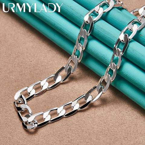 URMYLADY 925 Sterling Silver 8mm Flat Side Charm Chain 16/18/20/22/24 Inch Necklace For Women Man Wedding Party Fine Jewelry