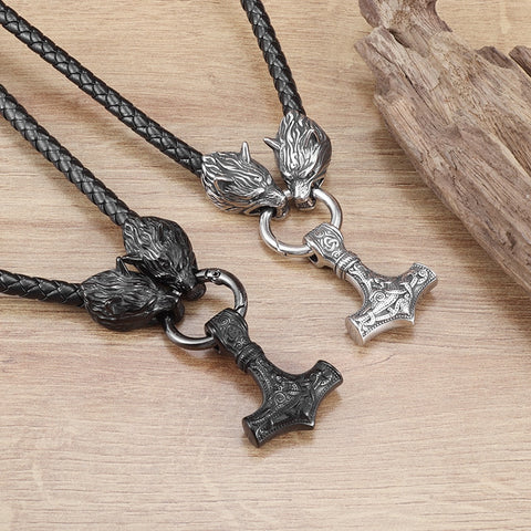 Vintage Black Thor Hammer Necklace for Men Viking Wolf Head Jewelry Friend Gift