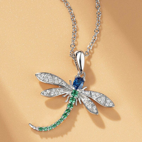 Vintage Dragonfly Pendant Necklace For Women Inlaid Colorful Cubic Zirconia Exquisite Jewelry Long Dragonfly Hanging Necklaces