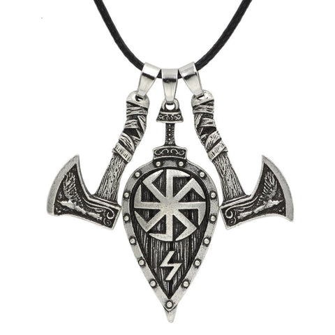 Vintage Viking Warrior Shield Axe Pendant Necklace for Men Slavic Compass Pendant Necklace Punk Rock Party Jewelry