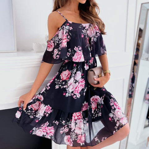 Women Floral Print Pleated Dress Sexy Deep V Neck Butterfly Sleeve Boho Knee-Length Dresses Female Vintage Casual Beach Dresses