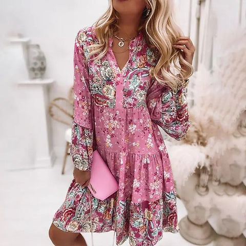 Women Floral Print Pleated Dress Sexy Deep V Neck Butterfly Sleeve Boho Knee-Length Dresses Female Vintage Casual Beach Dresses