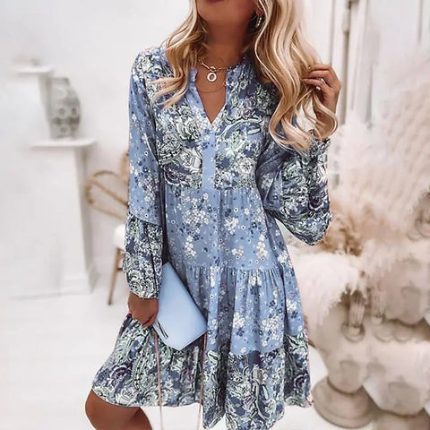 Women Floral Print Pleated Dress Sexy Deep V Neck Butterfly Sleeve Boho Knee-Length Dresses Female Vintage Casual Beach Dresses