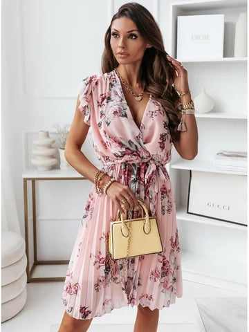 Women Floral Print Pleated Dress Sexy Deep V Neck Butterfly Sleeve Boho Knee-Length Dresses Female Vintage Casual Beach Dresses