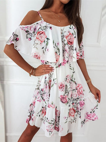 Women Floral Print Pleated Dress Sexy Deep V Neck Butterfly Sleeve Boho Knee-Length Dresses Female Vintage Casual Beach Dresses