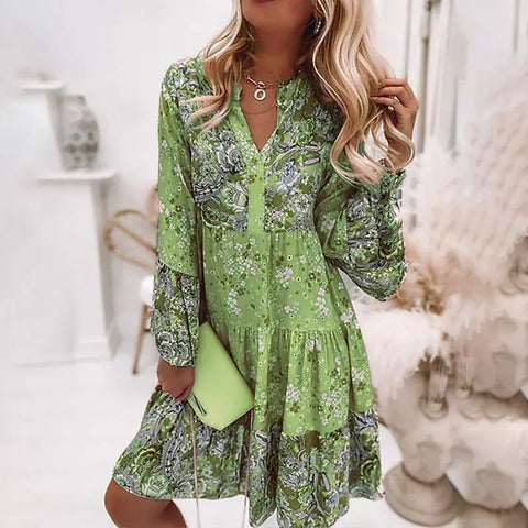 Women Floral Print Pleated Dress Sexy Deep V Neck Butterfly Sleeve Boho Knee-Length Dresses Female Vintage Casual Beach Dresses