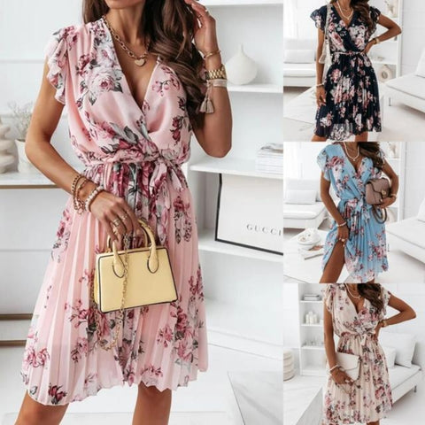 Women Floral Print Pleated Dress Sexy Deep V Neck Butterfly Sleeve Boho Knee-Length Dresses Female Vintage Casual Beach Dresses