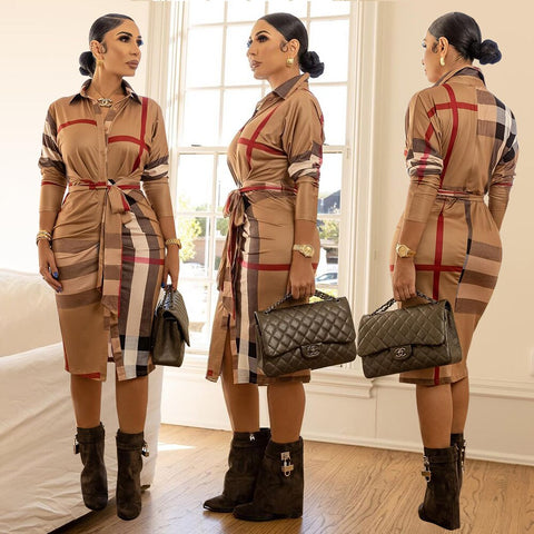 Women Plaid Shirt Dress Summer Fashion Casual Turn-down Collar Belt  Long Sleeve Midi Dresses Female Sexy Office Dresses Vestido