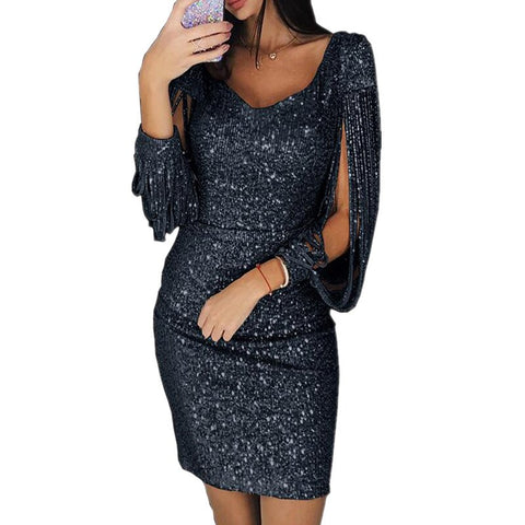 Women Sexy Shiny Sequin Tassels Bandage Long Sleeve V-Neck Bodycon Dress Summer Slim Short Evening Party Clubwear Vestidos