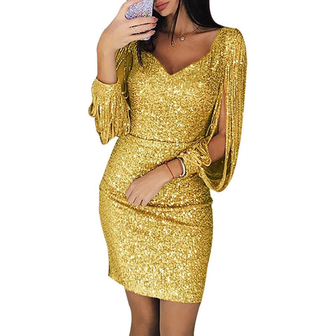 Women Sexy Shiny Sequin Tassels Bandage Long Sleeve V-Neck Bodycon Dress Summer Slim Short Evening Party Clubwear Vestidos