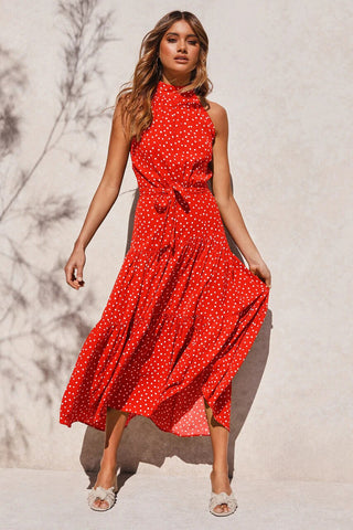 Women Solid Dot Long Dresses 2023 Summer Sexy Halter Strapless Lace Up Dress Female Boho Beach Holiday Maxi Dresses Casual Robe