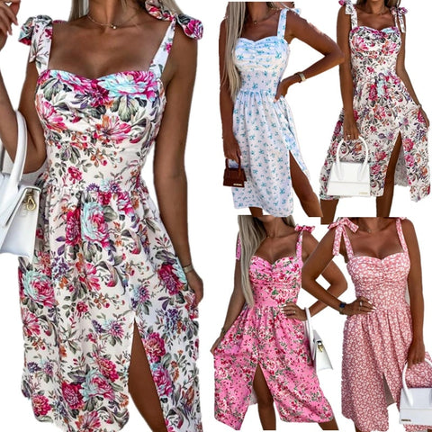 Women Summer Sleeveless Slit Skirt Retro Sweet Floral Print Midi Dress Ladies Elegant Sling Backless Strap V-Neck Sexy Dress