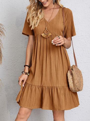 Women Vintage Mini Dresses 2023 Summer Solid Casual V Neck Ruffles Dress Ladies Boho Loose Beach Party Elegant Dresses Vestidos