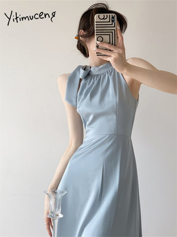 Yitimuceng Sleeveless Dress for Women 2023 Fashion Vintage Half High Collar Midi Dress Elegant Casual Lace-up Neck Mounted Dress