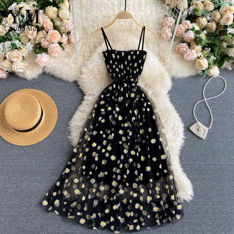 YuooMuoo Korean Fashion Daisy Flower Print Mesh Dress 2023 Summer Two Layers Spaghetti Strap Vacation Midi Dress Beach Vestidos