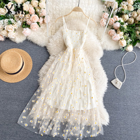 YuooMuoo Korean Fashion Daisy Flower Print Mesh Dress 2023 Summer Two Layers Spaghetti Strap Vacation Midi Dress Beach Vestidos