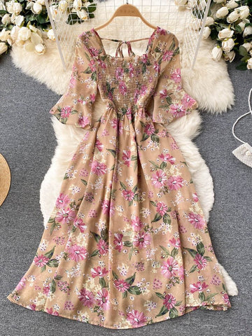 YuooMuoo Limited Big Sales Women Dress Fashion Romantic Floral Print Chiffon Summer Dress Vacation Season Party Korean Vestidos