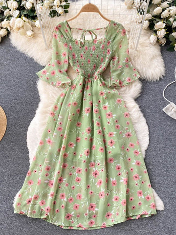 YuooMuoo Limited Big Sales Women Dress Fashion Romantic Floral Print Chiffon Summer Dress Vacation Season Party Korean Vestidos