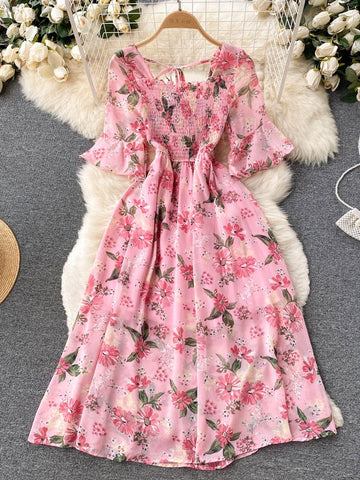 YuooMuoo Limited Big Sales Women Dress Fashion Romantic Floral Print Chiffon Summer Dress Vacation Season Party Korean Vestidos