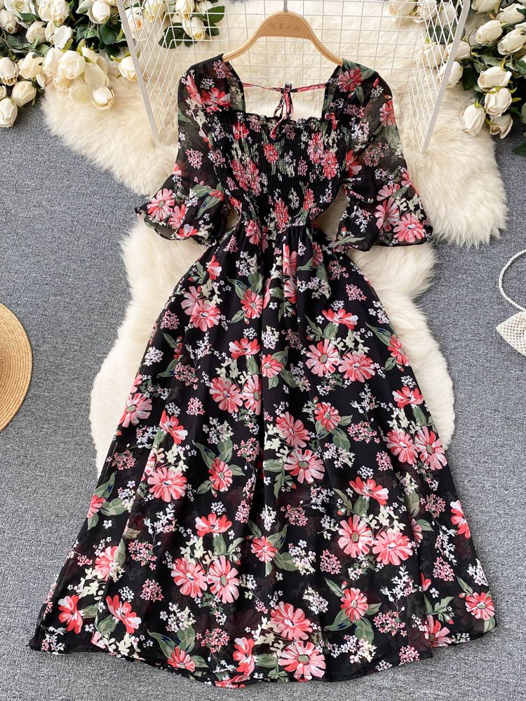 YuooMuoo Limited Big Sales Women Dress Fashion Romantic Floral Print Chiffon Summer Dress Vacation Season Party Korean Vestidos