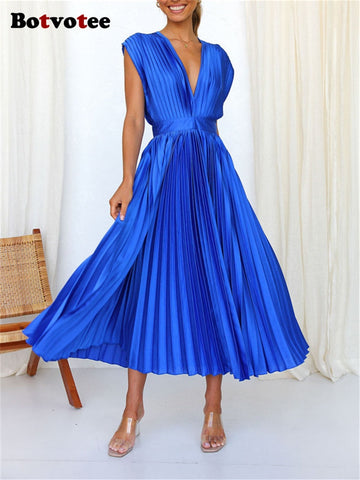 Botvotee Pleated Maxi Dresses for Women 2023 New Fashion Casual Sleeveless V Neck Summer Dress Elegant Vintage Loose Y2k Dress