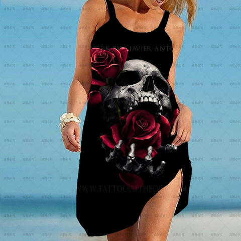 Punk Summer Dress Women Gothic 2022 Suspender Sleeveless Skull flower Print Mini Dresses Streetwear Vestidos Mujer Sundress
