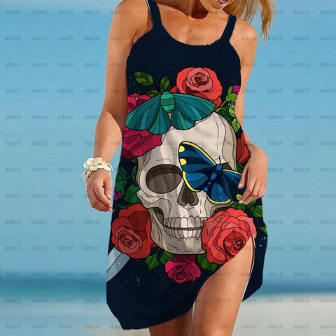 Punk Summer Dress Women Gothic 2022 Suspender Sleeveless Skull flower Print Mini Dresses Streetwear Vestidos Mujer Sundress